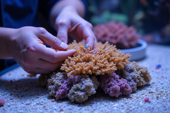Hands gently tending to a vibrant coral reef in an aquarium
