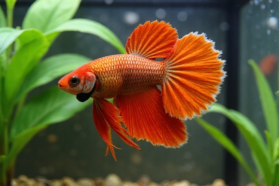 A healthy Betta fish with flowing fins swimming in a well-maintained small aquarium