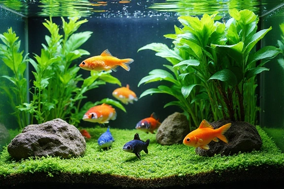 A vibrant freshwater aquarium with several colorful fish swimming gracefully