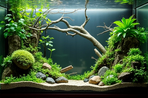 A beautiful aquascape featuring a naturalistic layout with driftwood, rocks, and various aquatic plants