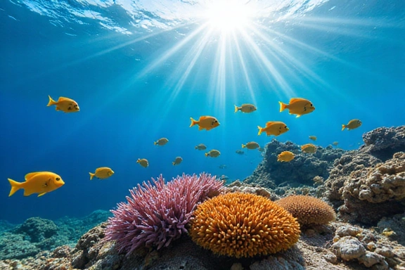 A school of brightly colored marine fish swimming around a coral reef in crystal clear blue water