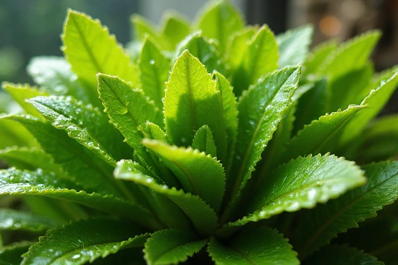 Close-up of a healthy, thriving aquatic plant with water droplets, showing vibrant green leaves