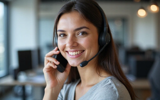 A friendly customer service representative smiling and holding a phone, ready to assist.