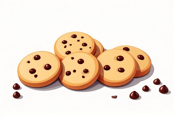 A digital illustration of various cookies in different shapes and sizes, some with chocolate chips, on a clean white background, representing website cookies and data privacy.