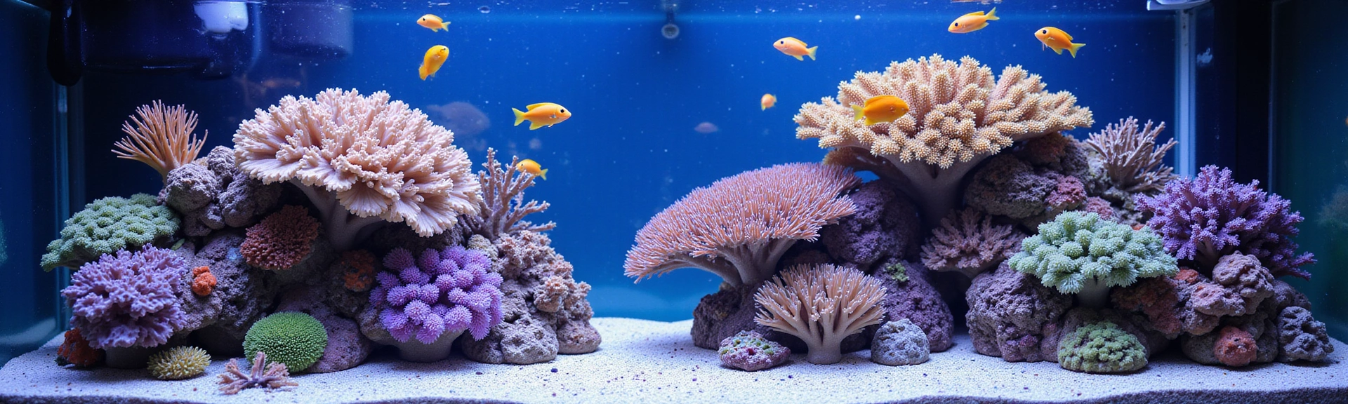 A stunning, vibrant coral reef aquarium teeming with colorful fish and diverse marine life, showcasing exceptional aquascaping and crystal clear water.