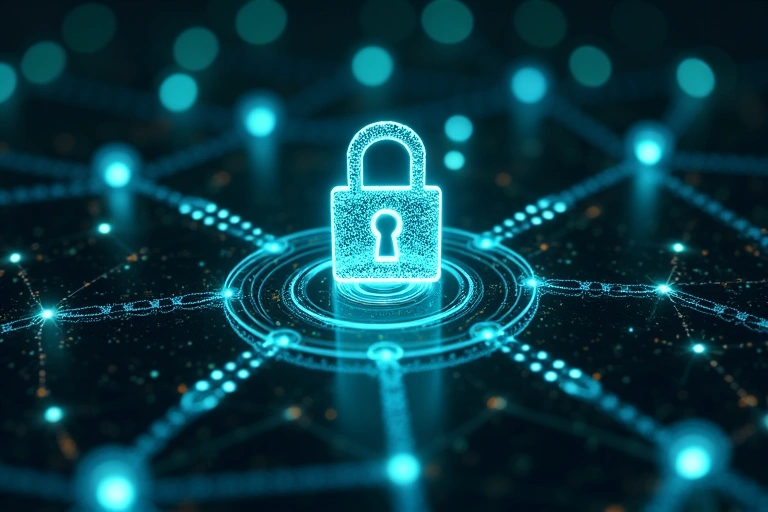 Cybersecurity lock with glowing network