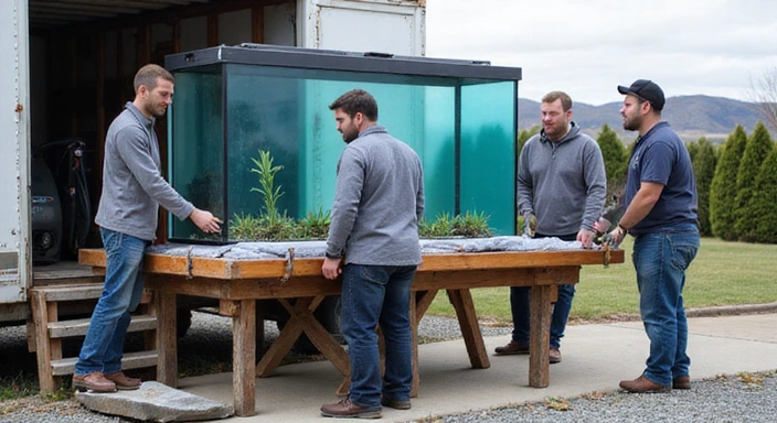 Aquarium being carefully moved by professionals