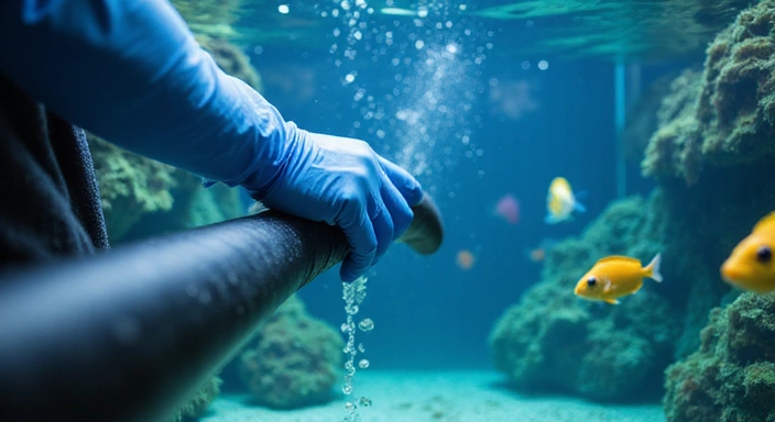 Aquarium technician cleaning a fish tank