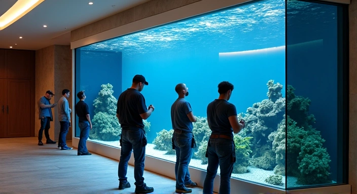 Custom built large aquarium being installed