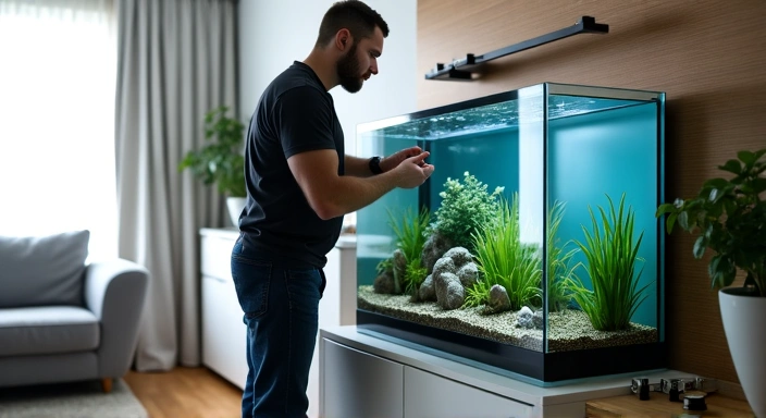 Professional aquarium setup with tools and new tank